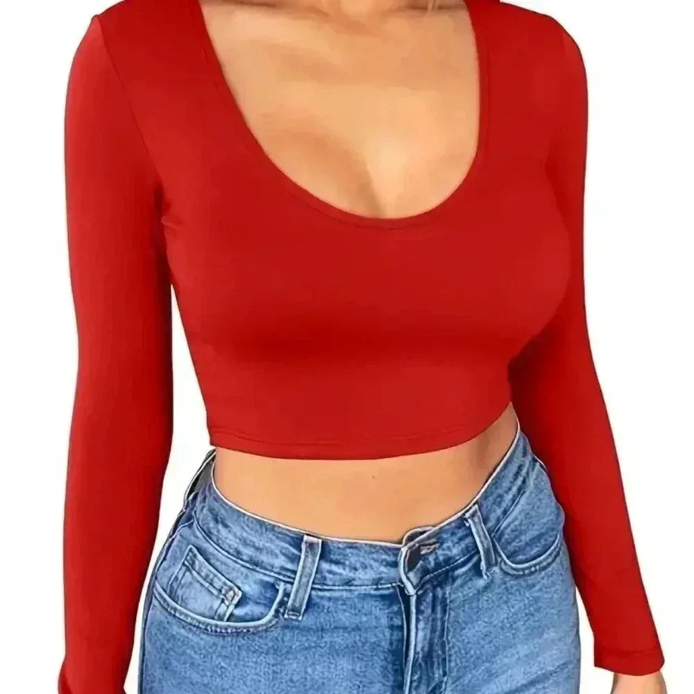 Red Scoop Neck Long Sleeve Crop Top